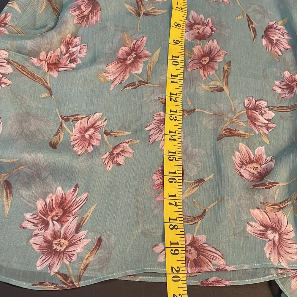 Floral Teal & Pink Sheer top,mock neck, long ruffle sleeve, flowy, XS - Picture 10 of 12
